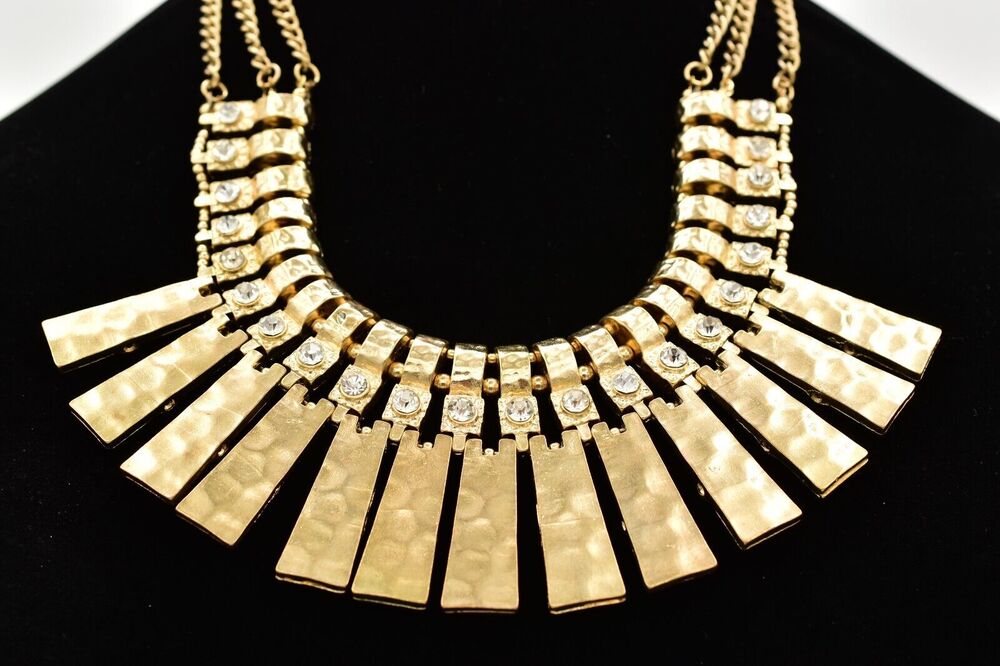Vintage Statement Crystal Collar Necklace Brutalist Chunky Gold Heavy 1990s BinK